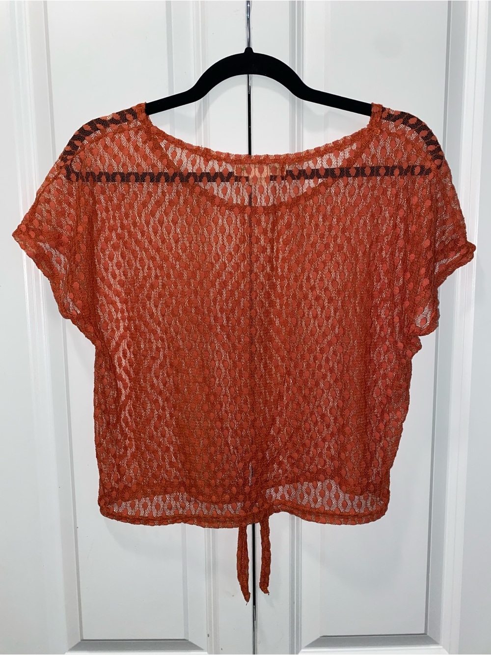 Orange Open-Knit Tie-Front Short Sleeve Top - Picture 4 of 5